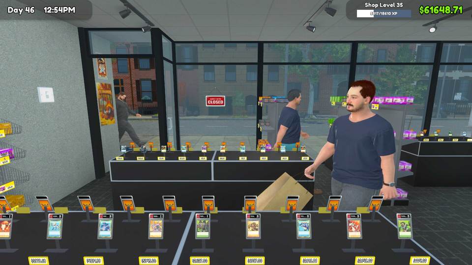 A card shop interior with graded cards in display cases and a customer carrying a paper bag
